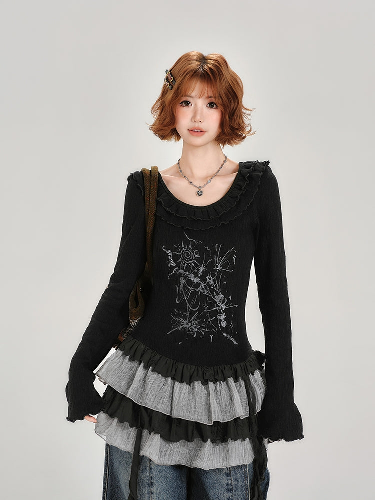 Ruffle Long Sleeve Black Top for Spring and Autumn