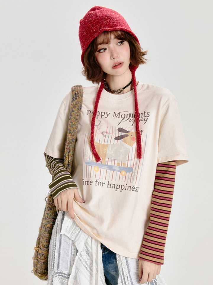 Puppy Print Faux Two-Piece Long Sleeve Top