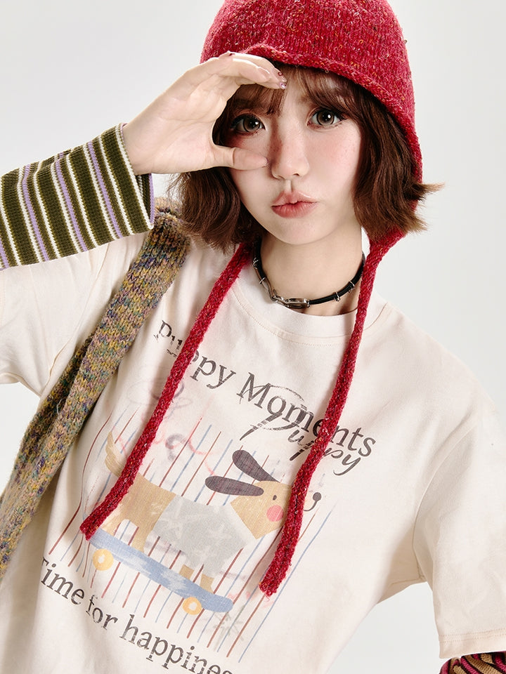 Puppy Print Faux Two-Piece Long Sleeve Top