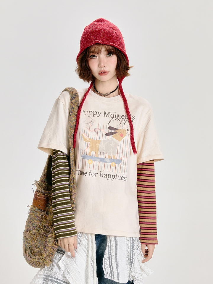 Puppy Print Faux Two-Piece Long Sleeve Top