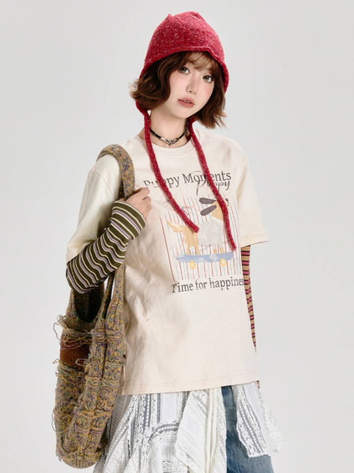 Puppy Print Faux Two-Piece Long Sleeve Top