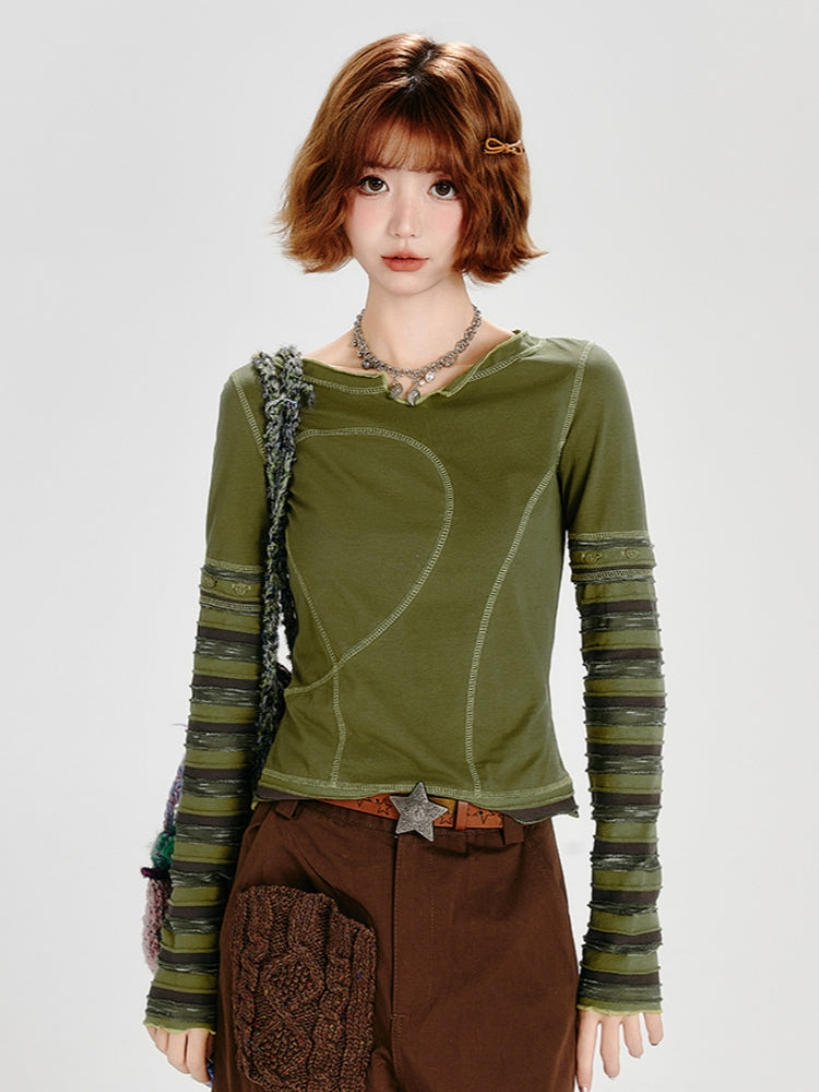 Spring Autumn Top with Detachable Striped Sleeves