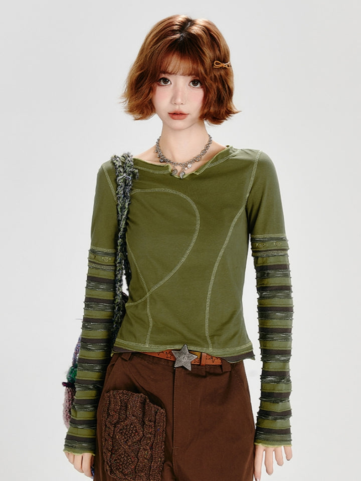 Spring Autumn Top with Detachable Striped Sleeves