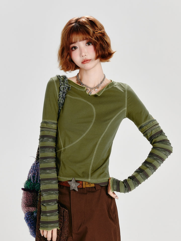 Spring Autumn Top with Detachable Striped Sleeves