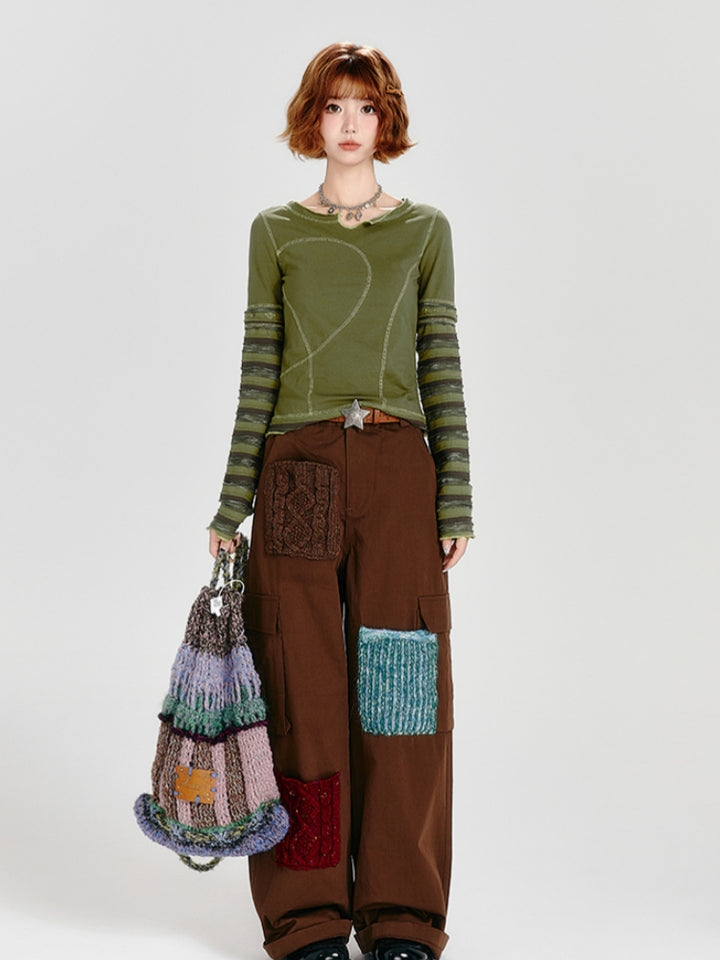 Spring Autumn Top with Detachable Striped Sleeves