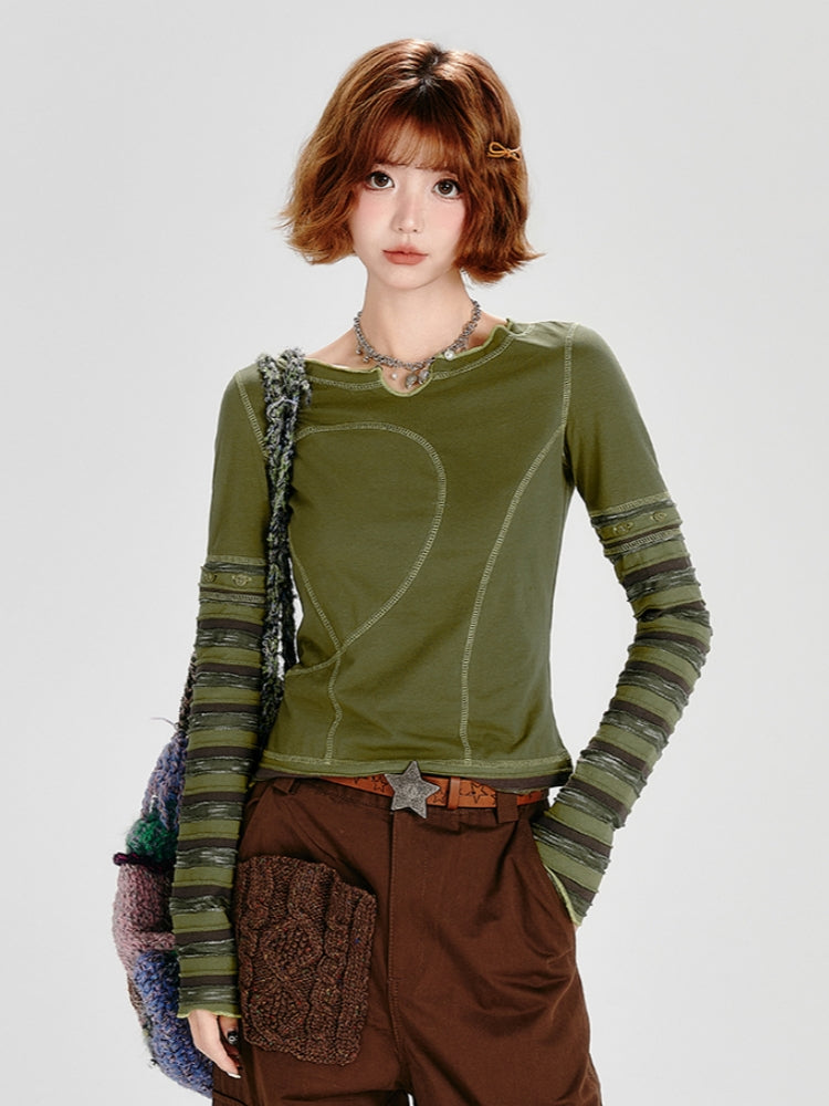 Spring Autumn Top with Detachable Striped Sleeves