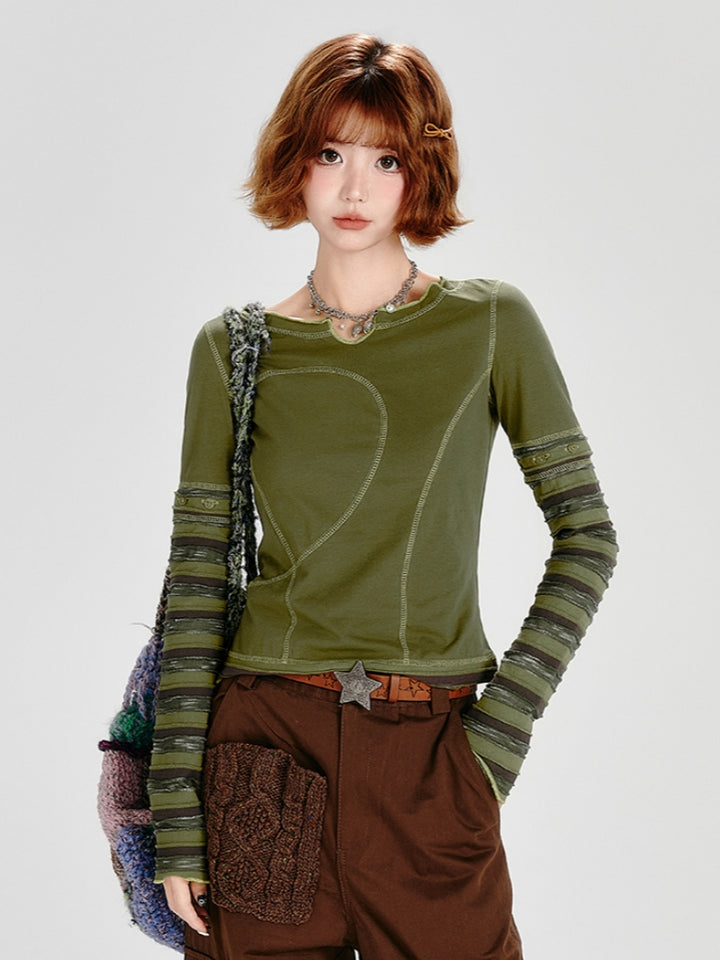 Spring Autumn Top with Detachable Striped Sleeves