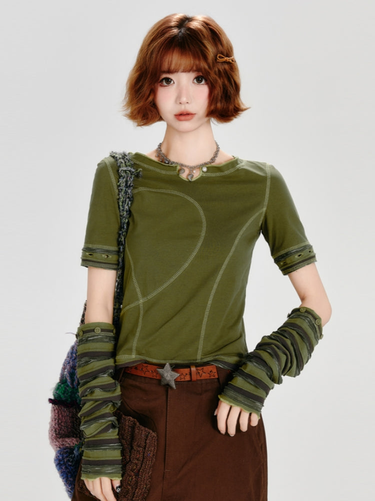 Spring Autumn Top with Detachable Striped Sleeves