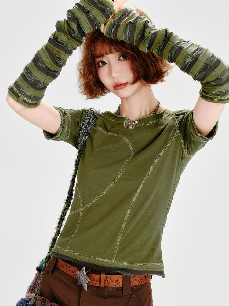 Spring Autumn Top with Detachable Striped Sleeves