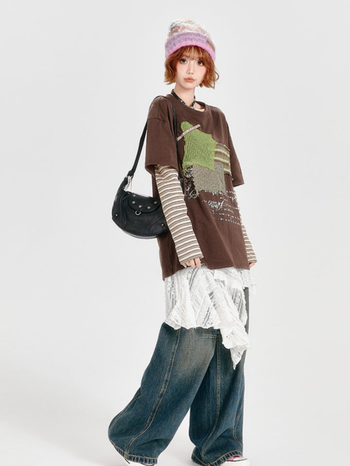 Loose Patchwork Striped Color-Block Faux Two-Piece Top