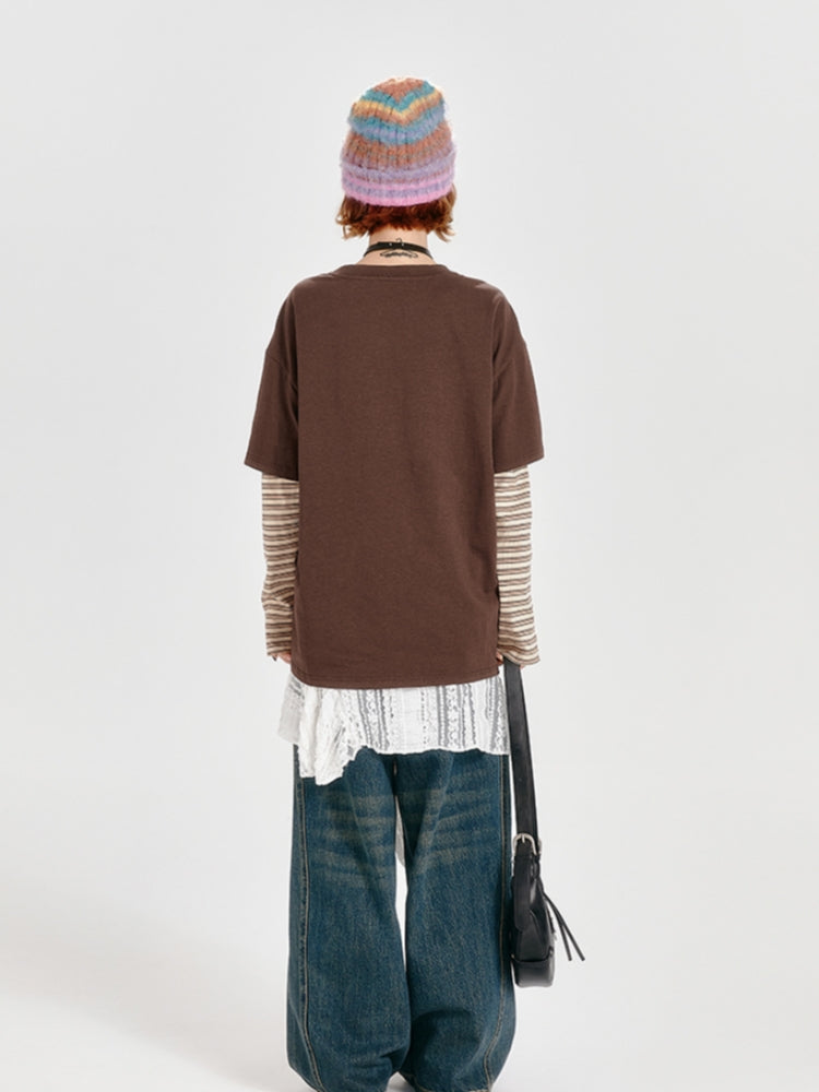 Loose Patchwork Striped Color-Block Faux Two-Piece Top