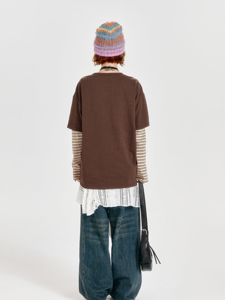 Loose Patchwork Striped Color-Block Faux Two-Piece Top