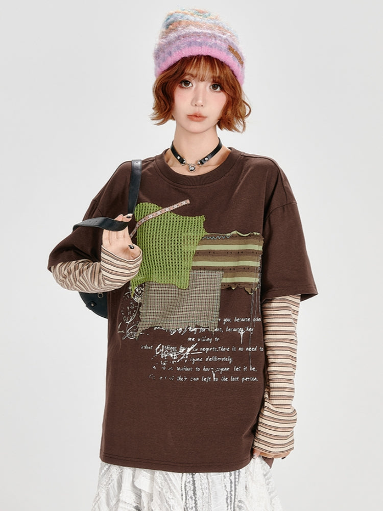 Loose Patchwork Striped Color-Block Faux Two-Piece Top