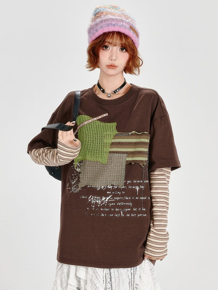 Loose Patchwork Striped Color-Block Faux Two-Piece Top