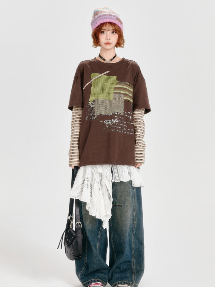 Loose Patchwork Striped Color-Block Faux Two-Piece Top