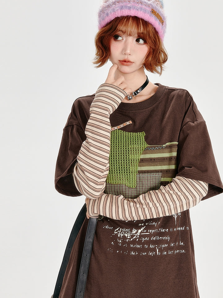 Loose Patchwork Striped Color-Block Faux Two-Piece Top