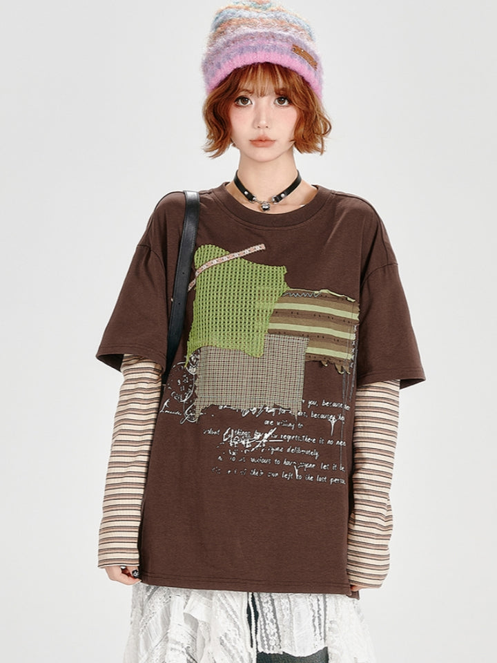 Loose Patchwork Striped Color-Block Faux Two-Piece Top