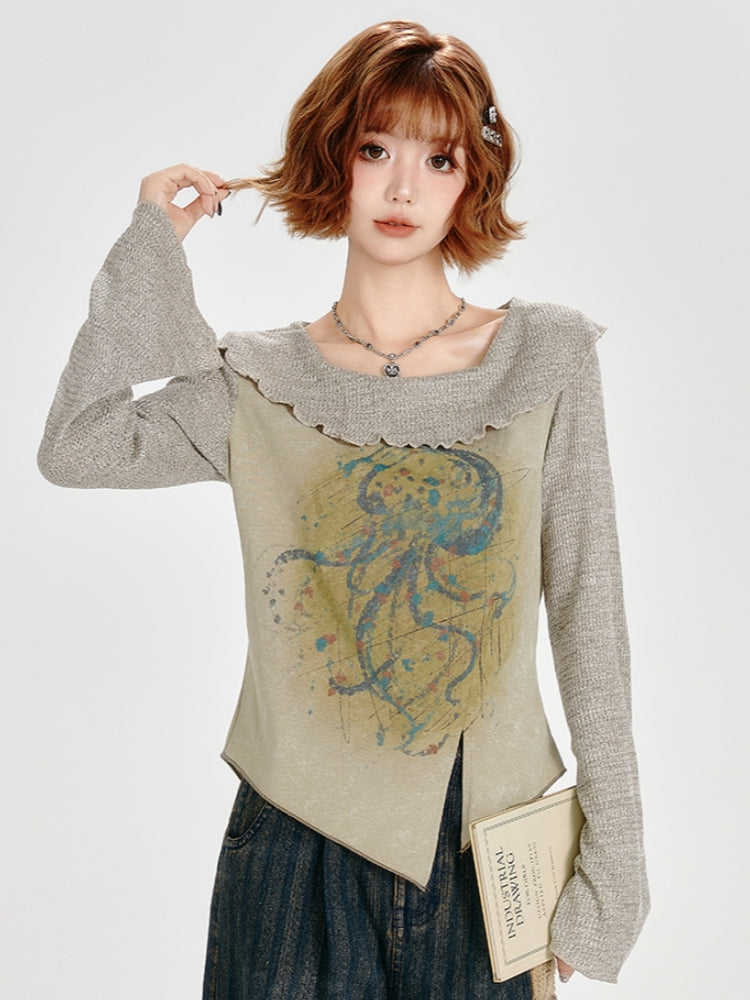 intage Spring Autumn Irregular Hem Top