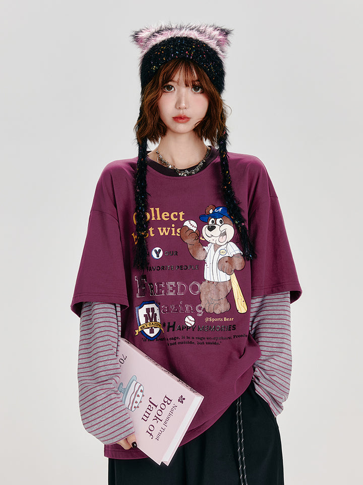 Rose Purple Long Sleeve Loose Print Striped Top
