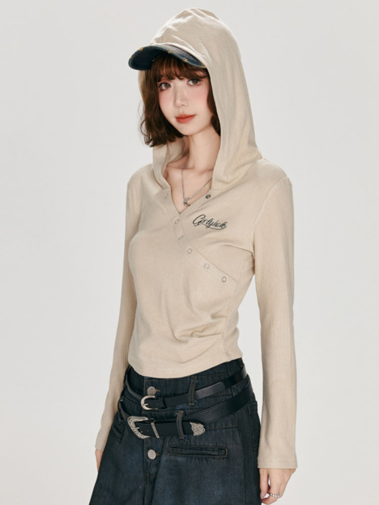Apricot Hooded Long Sleeve Top