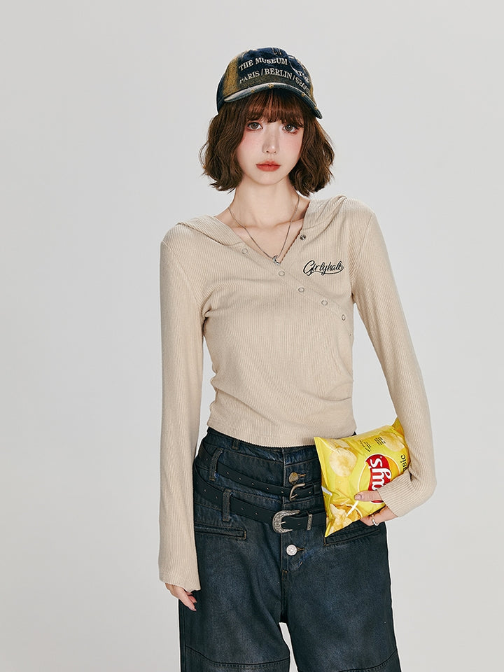 Apricot Hooded Long Sleeve Top