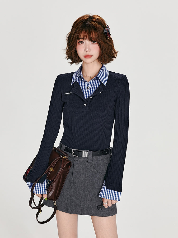 Dark Blue Faux Two-Piece Long Sleeve Knit Top