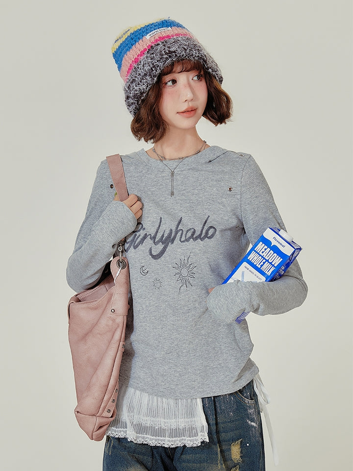 Grey Hooded Long Sleeve Autumn Top with Letter Embroidery