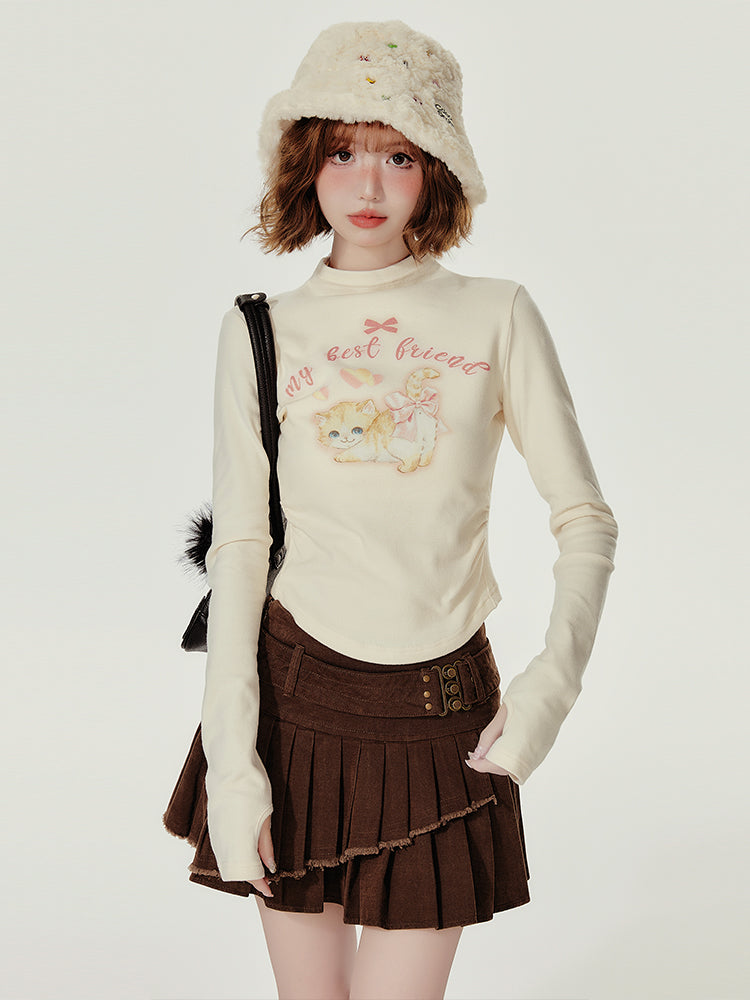 American Cat Print Small High-Neck Long-Sleeve Spring/Autumn T-Shirt