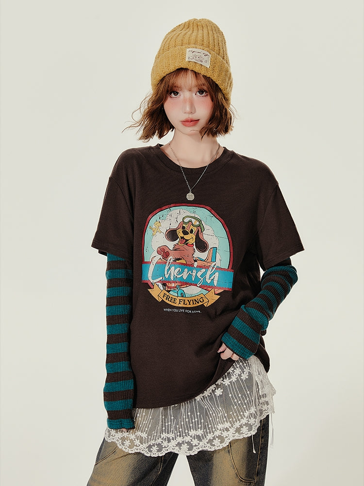 American Retro Puppy Pattern Round-Neck Long-Sleeve Spring/Autumn T-Shirt