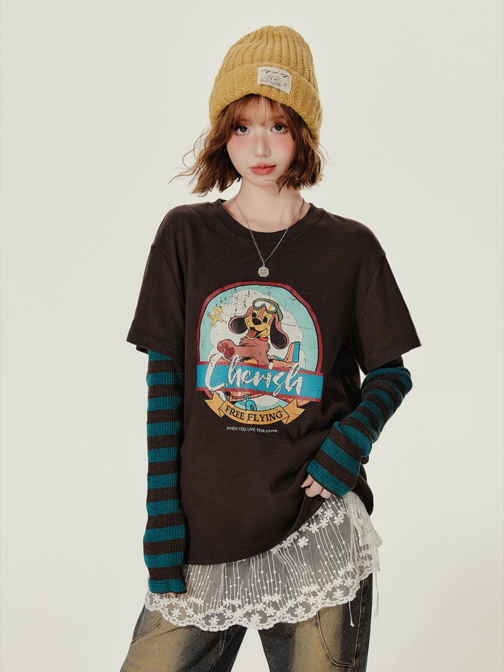 American Retro Puppy Pattern Round-Neck Long-Sleeve Spring/Autumn T-Shirt