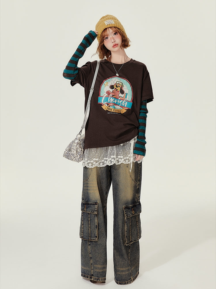 American Retro Puppy Pattern Round-Neck Long-Sleeve Spring/Autumn T-Shirt
