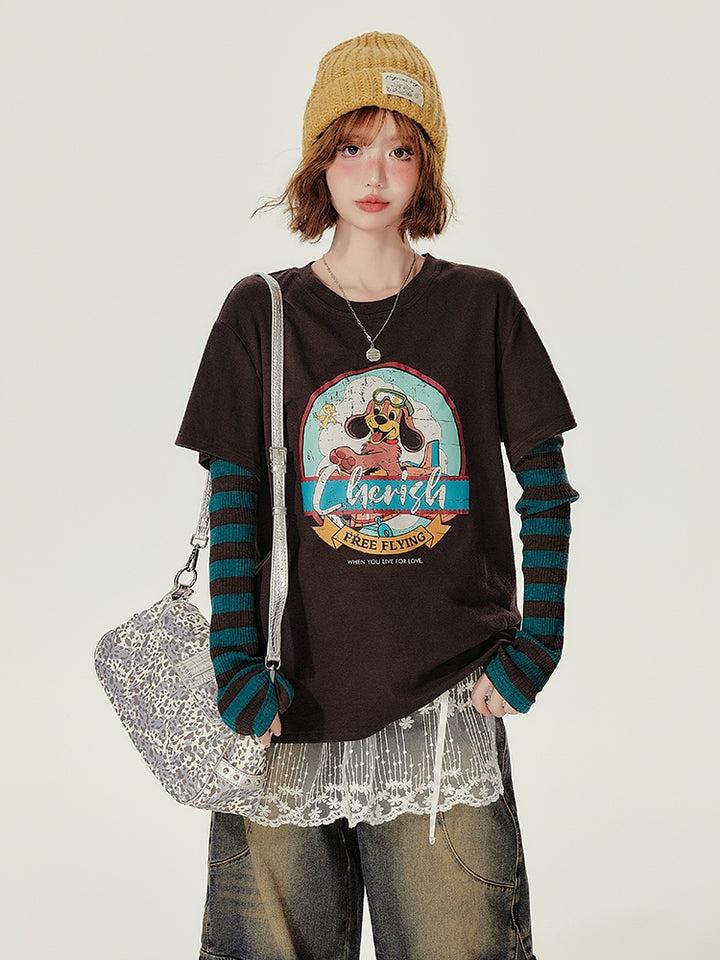 American Retro Puppy Pattern Round-Neck Long-Sleeve Spring/Autumn T-Shirt