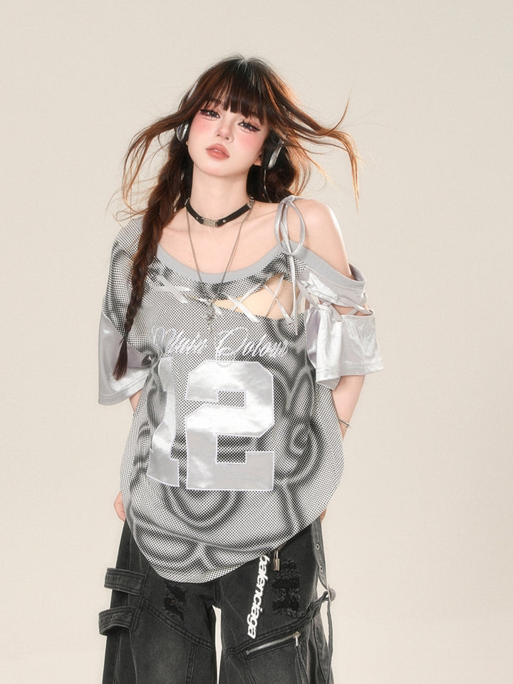 American Style Embroidered Off-Shoulder Sporty Gray T-Shirt