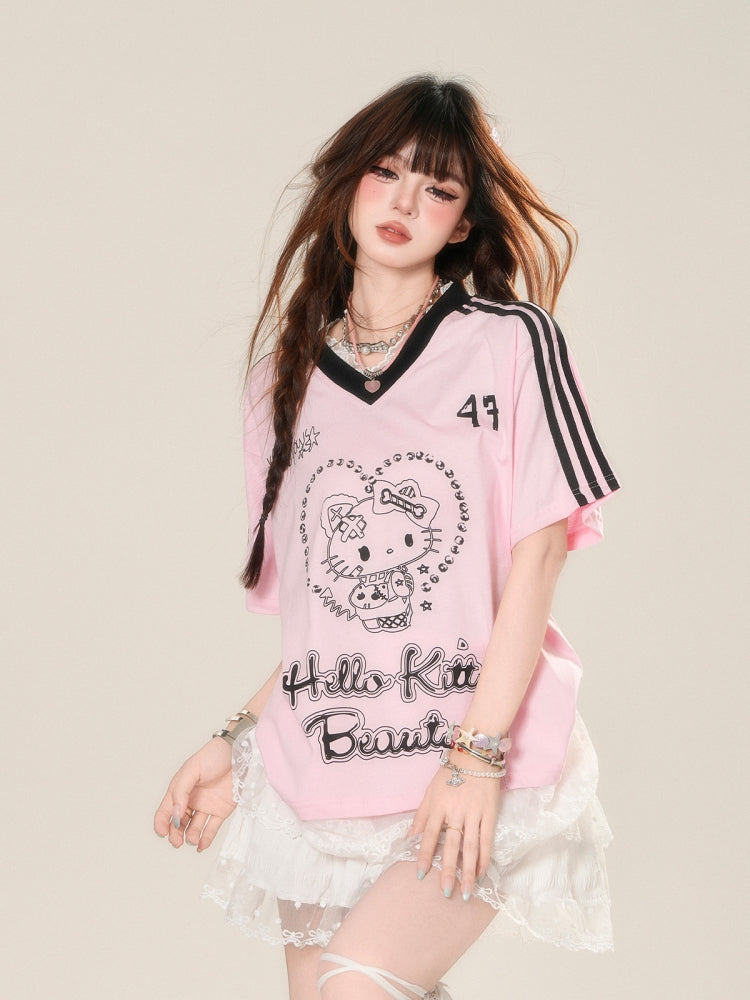 American-Style V-Neck Loose Summer Pink Top
