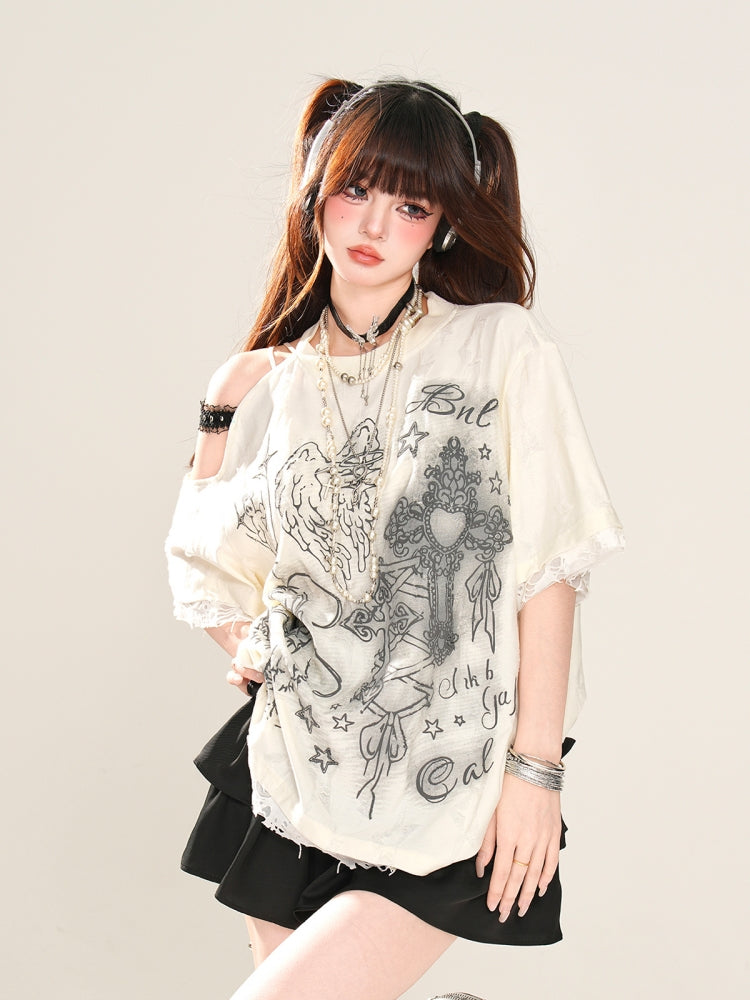 Korean Lazy Style Off-Shoulder Short-Sleeve White T-Shirt