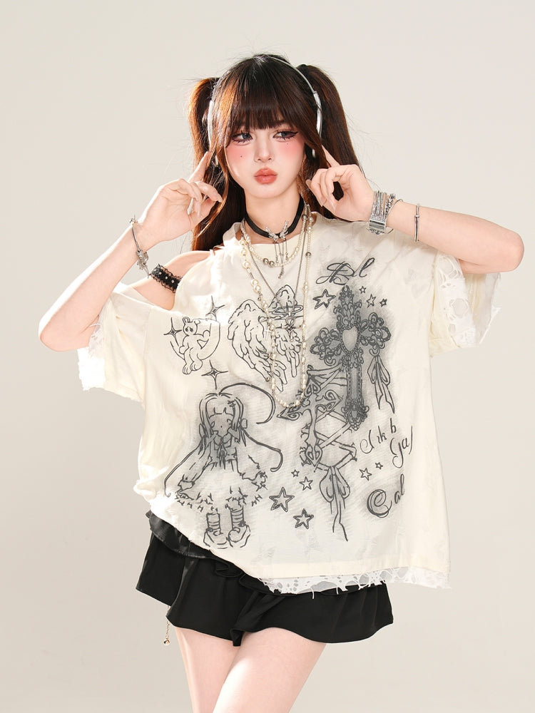 Korean Lazy Style Off-Shoulder Short-Sleeve White T-Shirt