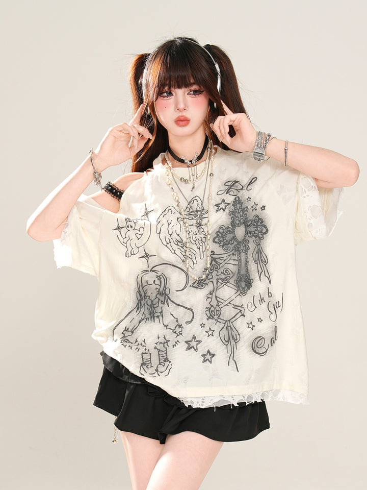 Korean Lazy Style Off-Shoulder Short-Sleeve White T-Shirt