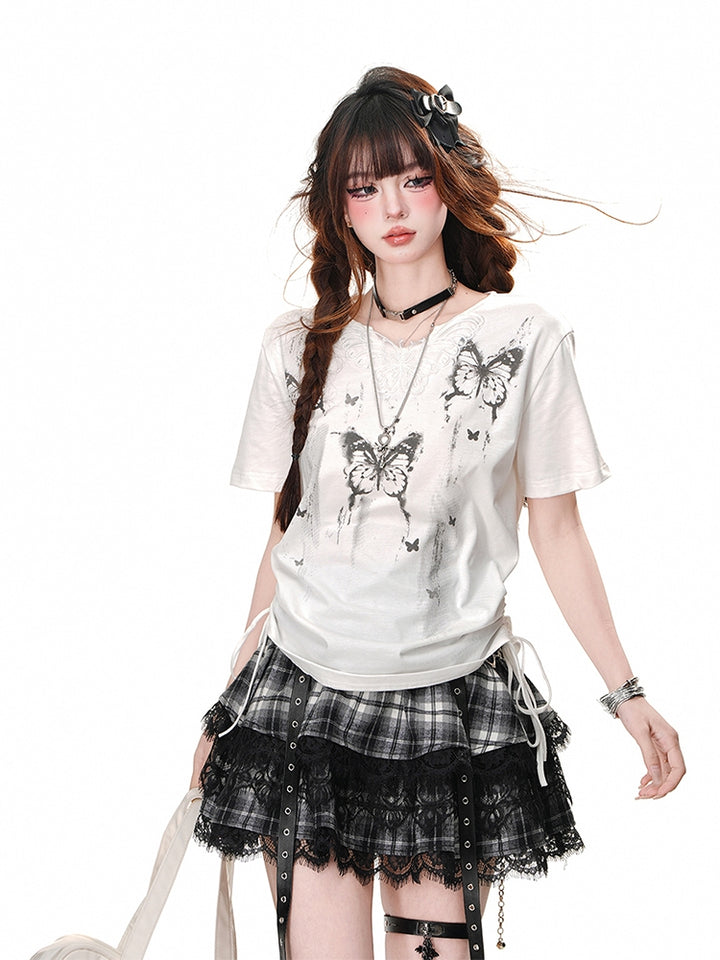 Korean Style Butterfly Print White Short-Sleeve T-Shirt