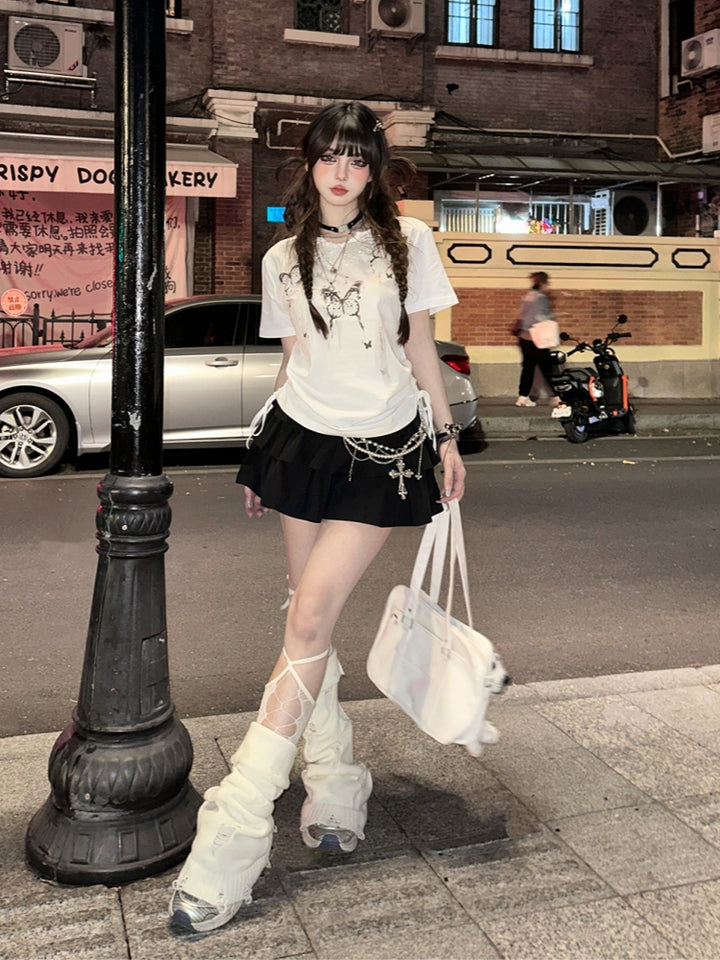 Korean Style Butterfly Print White Short-Sleeve T-Shirt