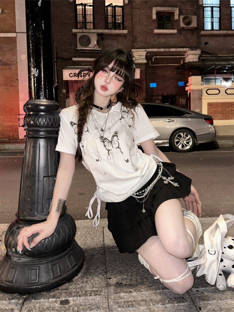 Korean Style Butterfly Print White Short-Sleeve T-Shirt