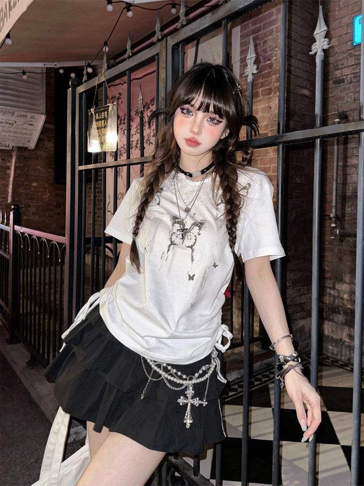 Korean Style Butterfly Print White Short-Sleeve T-Shirt