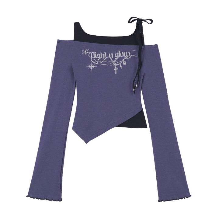 Black and Purple Cold Shoulder Layered-Look Long Sleeve T-Shirt