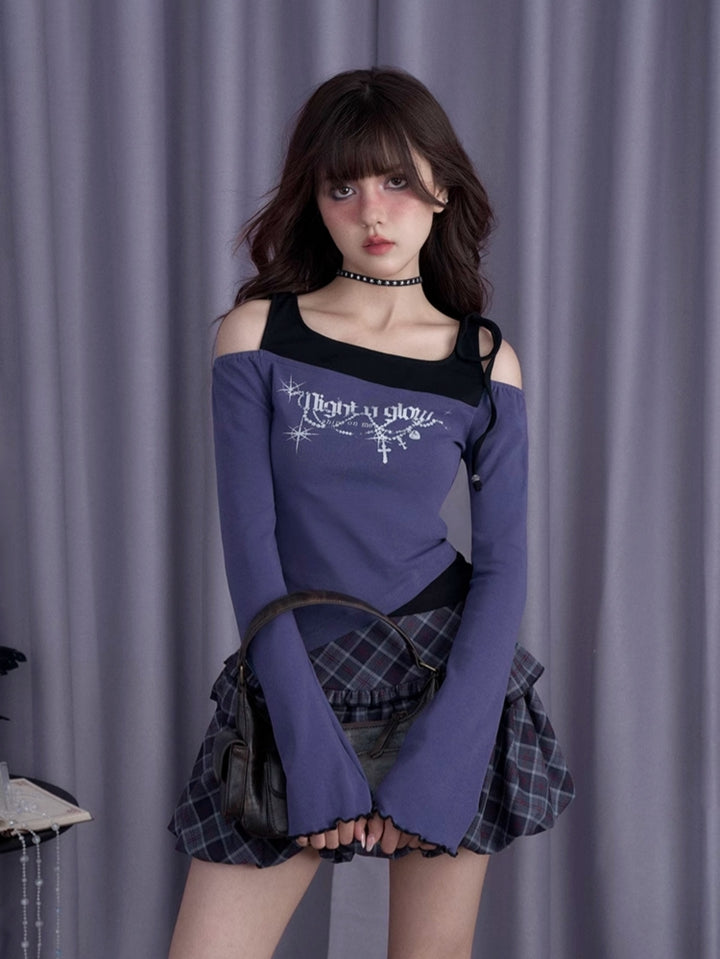 Black and Purple Cold Shoulder Layered-Look Long Sleeve T-Shirt