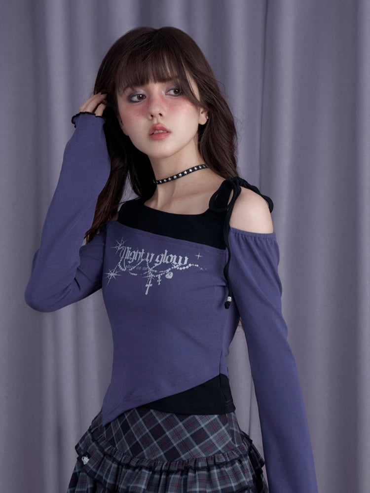 Black and Purple Cold Shoulder Layered-Look Long Sleeve T-Shirt