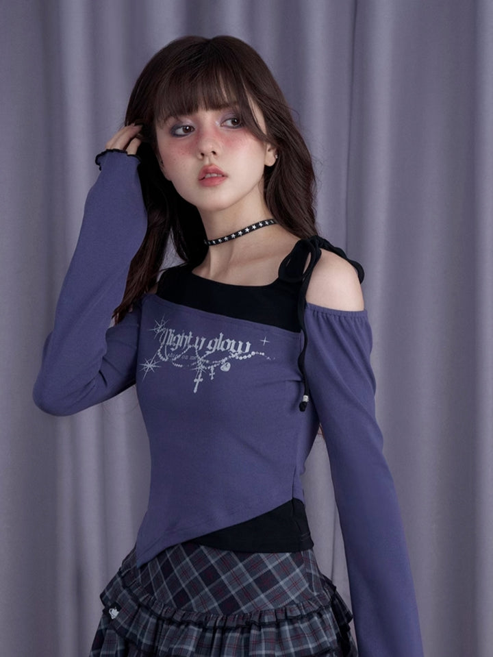 Black and Purple Cold Shoulder Layered-Look Long Sleeve T-Shirt