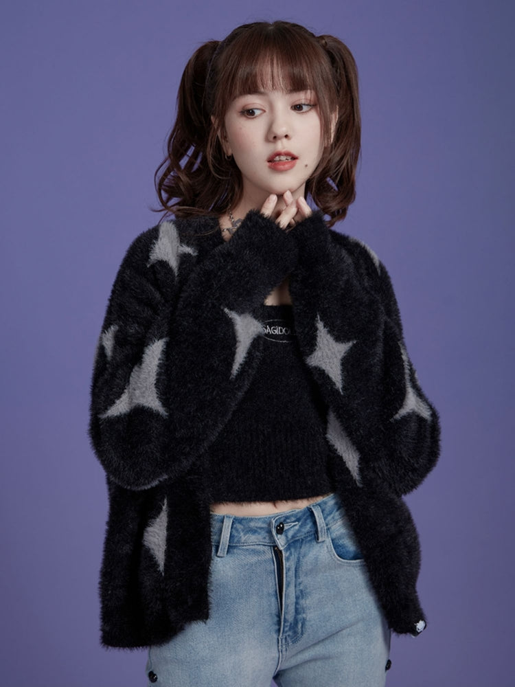 Star Print Faux Mink Black Jacket