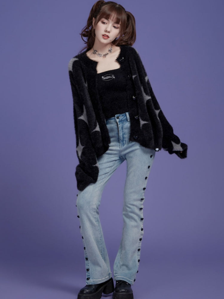 Star Print Faux Mink Black Jacket