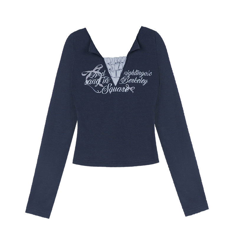 Navy Blue V-Neck Long-Sleeve Fake Two-Piece Top
