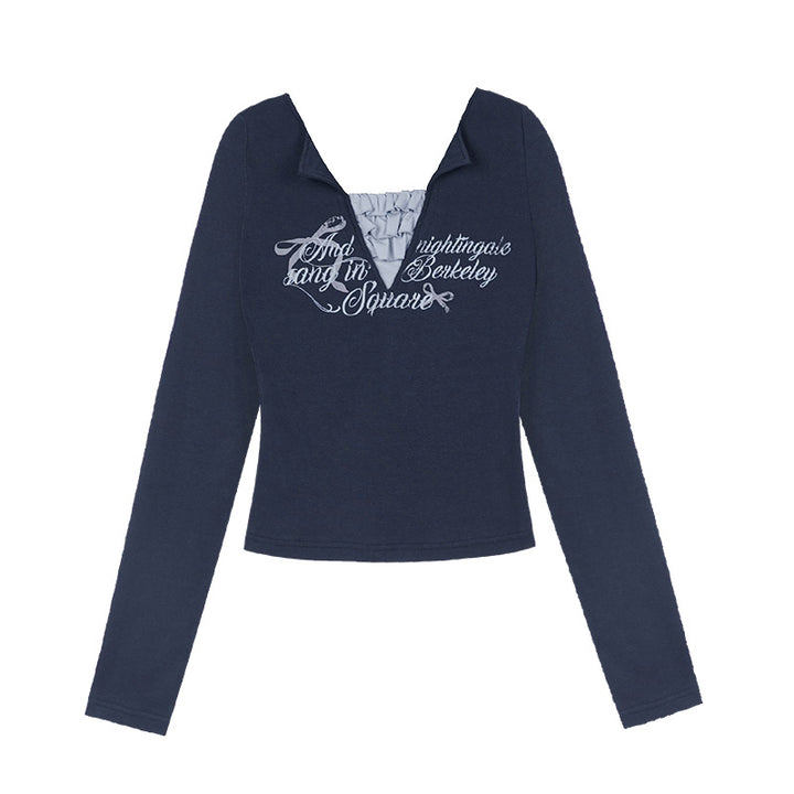 Navy Blue V-Neck Long-Sleeve Fake Two-Piece Top