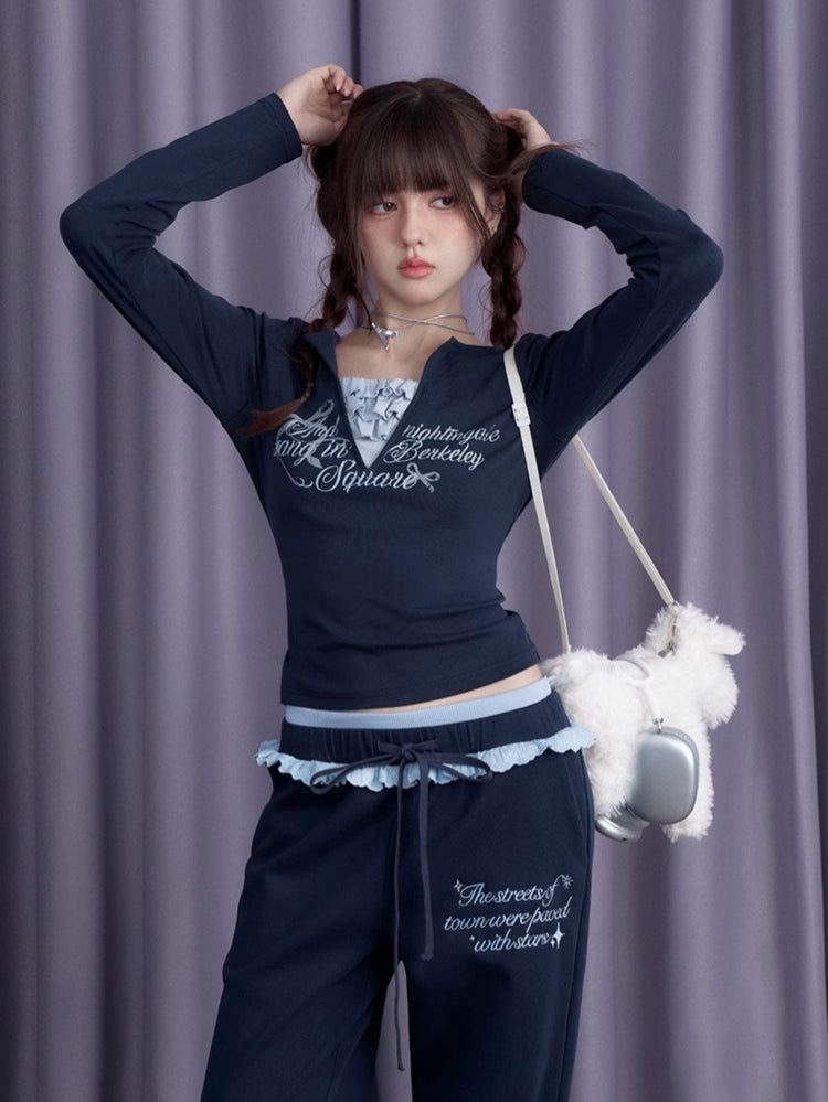 Navy Blue V-Neck Long-Sleeve Fake Two-Piece Top